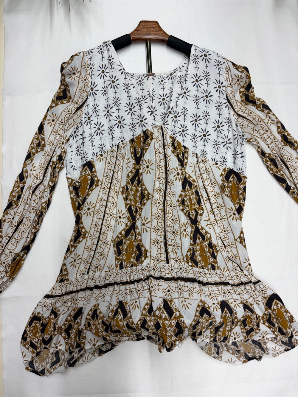 Free People White Tunic with Mustard and Black Folk Print